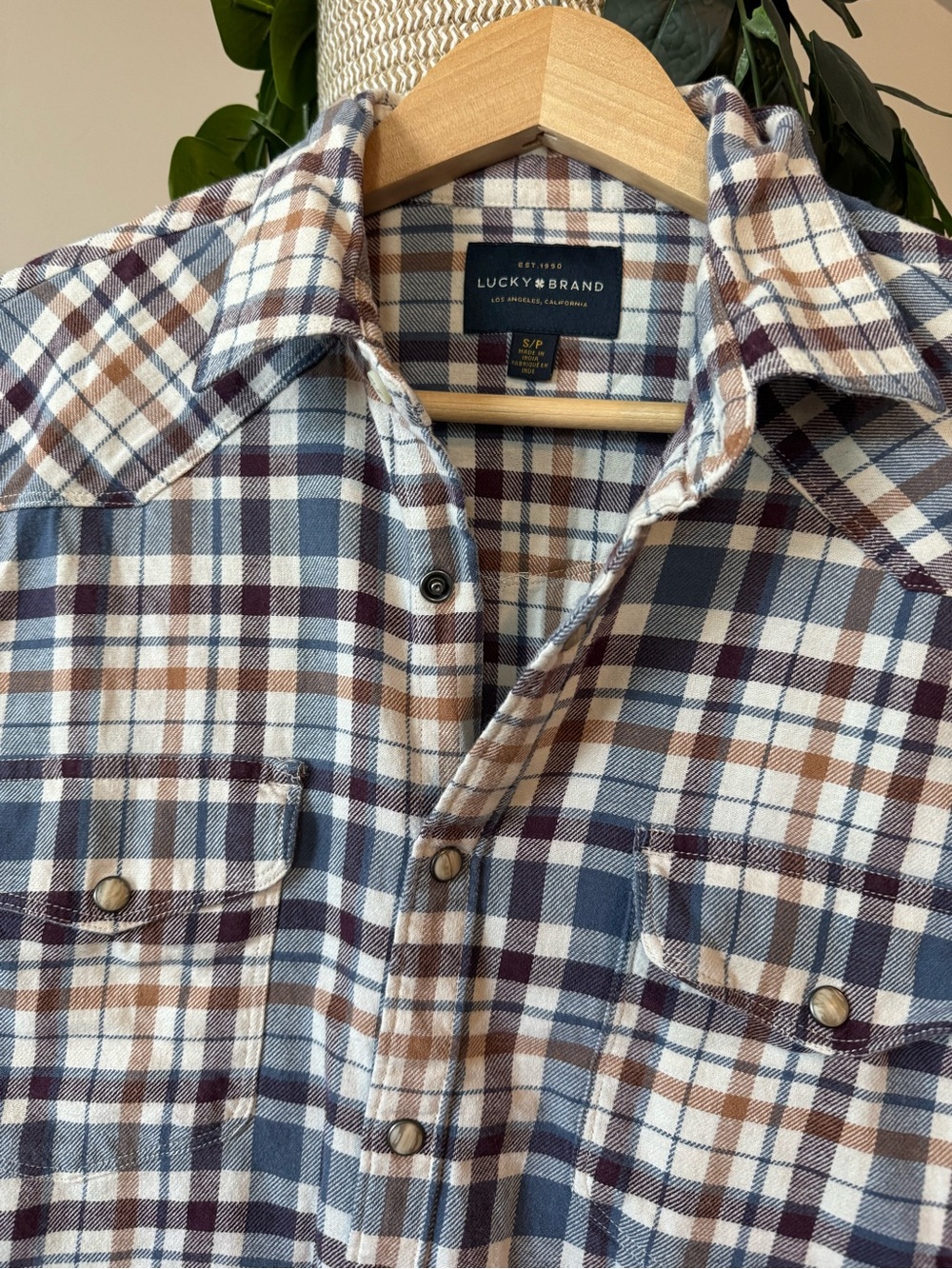 Lucky Brand Men’s Navy, Brown & White Plaid Button-Down Shirt